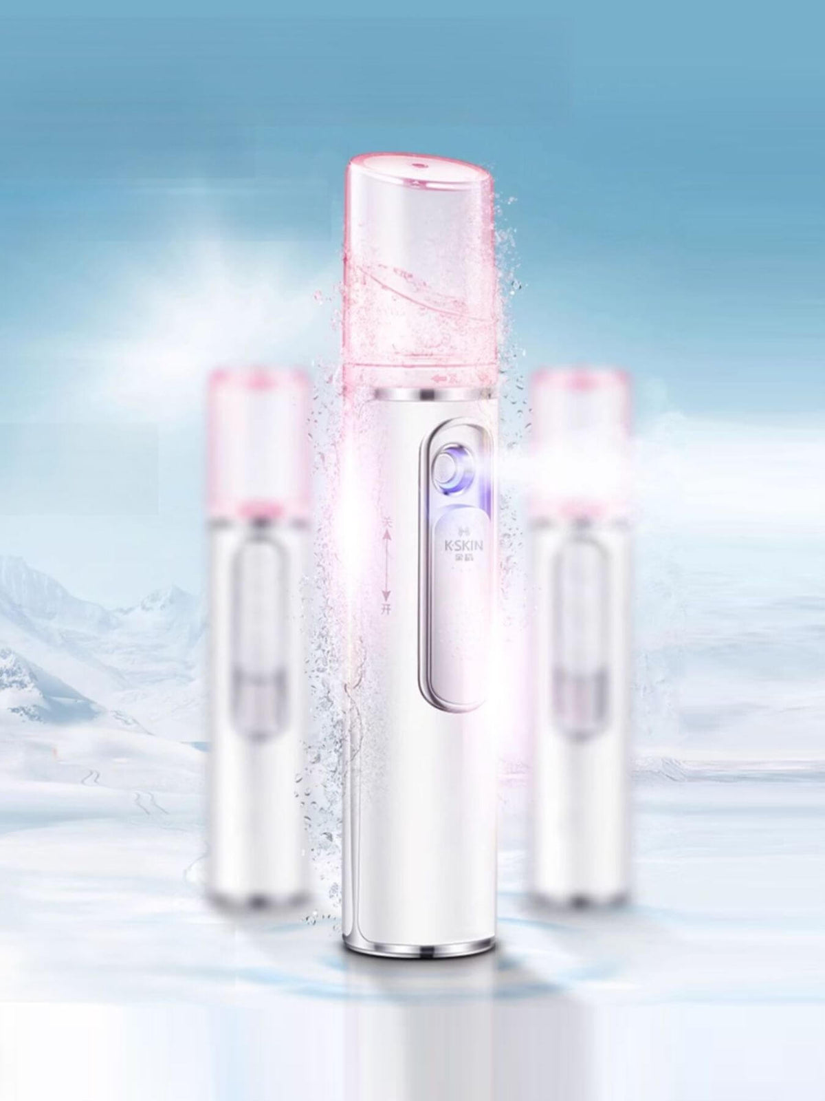 Portable Facial Mister Nano Sprayer showcasing its sleek design and misting feature against a cool background.