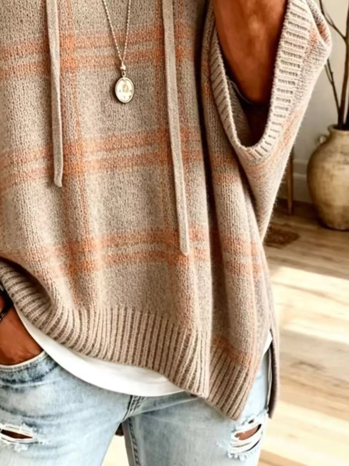 Plaid Hooded Knit Sweater, view 7