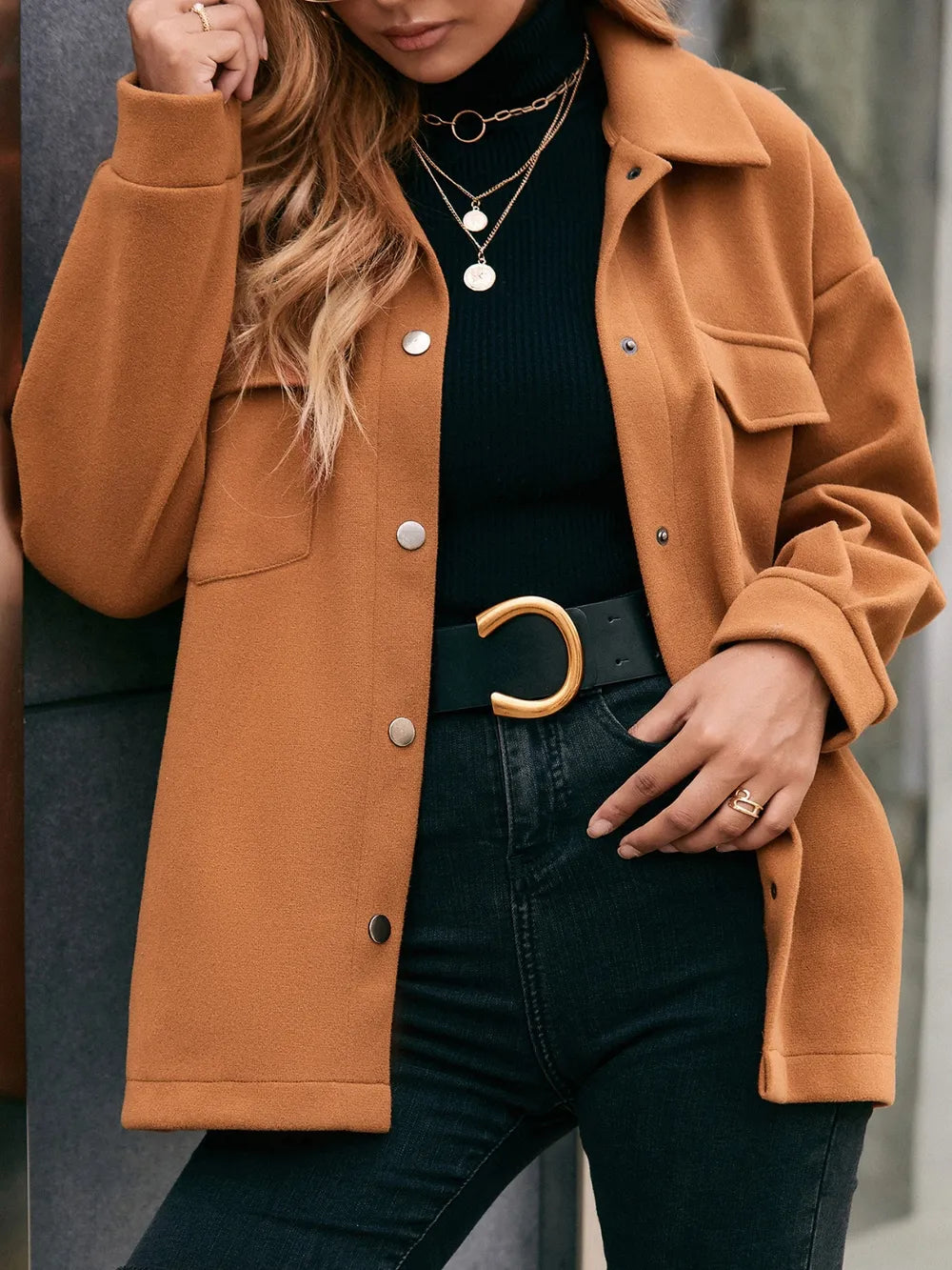 Ivy Lane Pocketed Snap Down Dropped Shoulder Jacket in Caramel, view 3