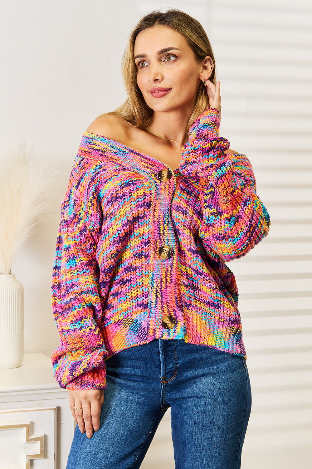 Angel Wings Woven Right V-Neck Long Sleeve Cardigan - Lilixa.store
