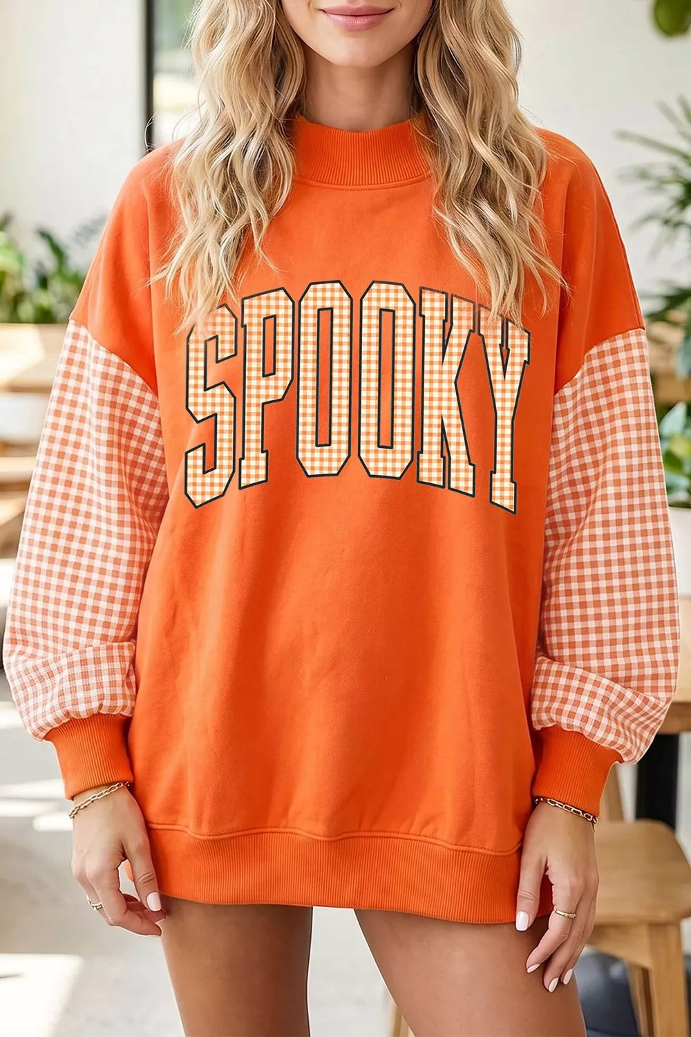 Plaid Contrast Sleeve SPOOKY Letter Graphic Sweatshirt - Lilixa.store