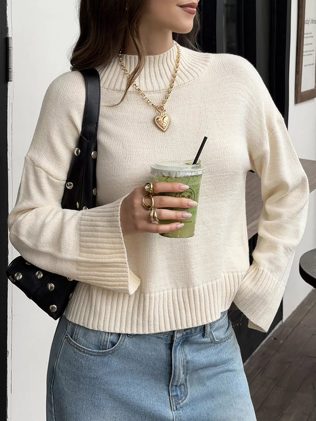 Mock Neck Dropped Shoulder Sweater - Lilixa.store