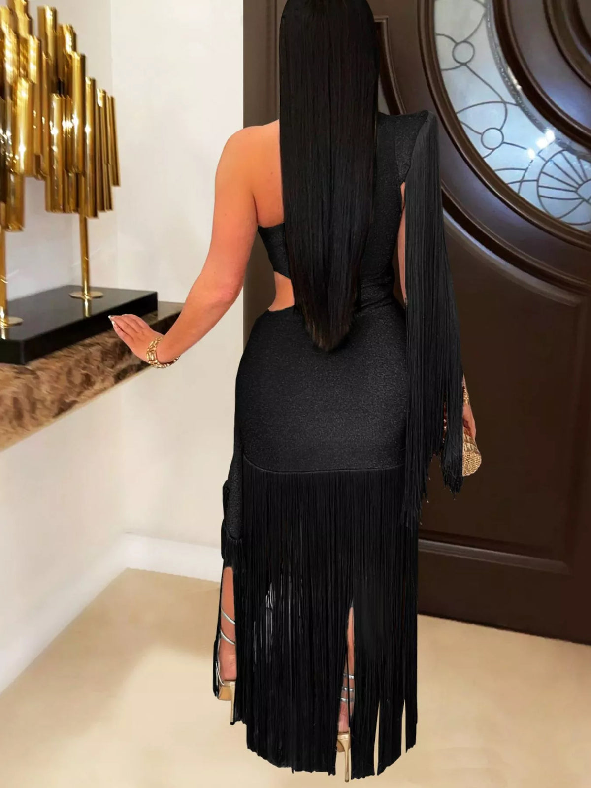 One-Shoulder Cutout Fringe Bodycon Party Dress, view 4