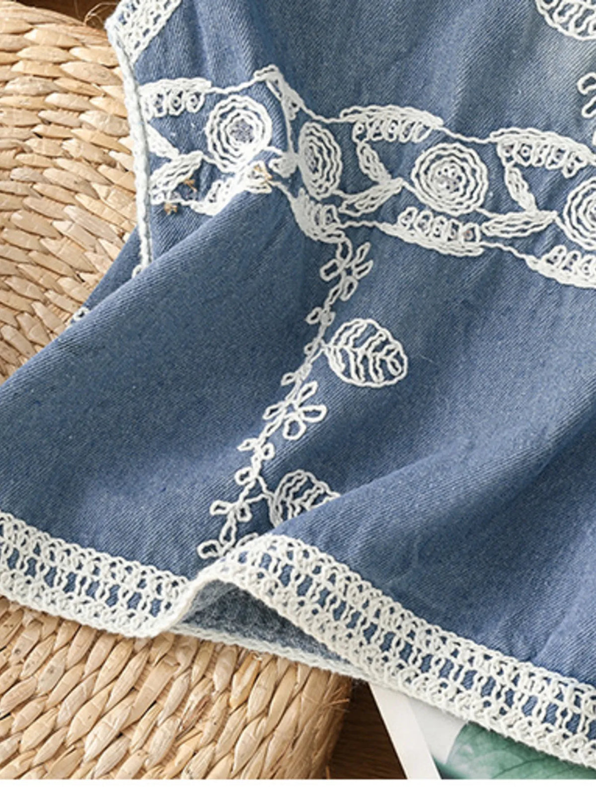 Embroidered Button Up V-Neck Vest Coat in Blue, view 5