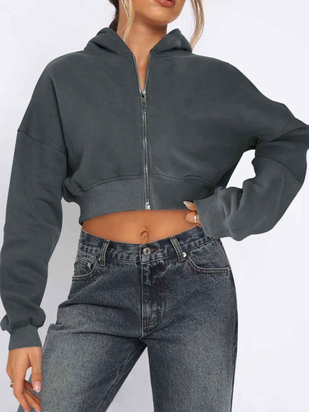 Zip Up Long Sleeve Hooded Cropped Jacket in Dark Gray