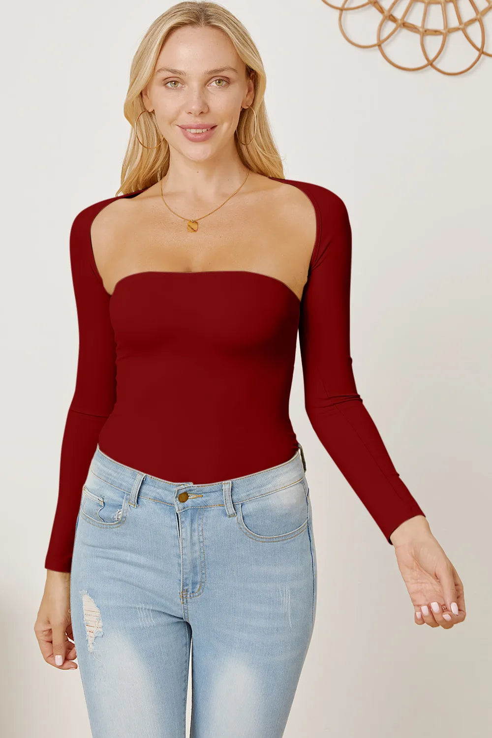 Cutout Raglan Sleeve Bolero and Tube Top in Burgundy