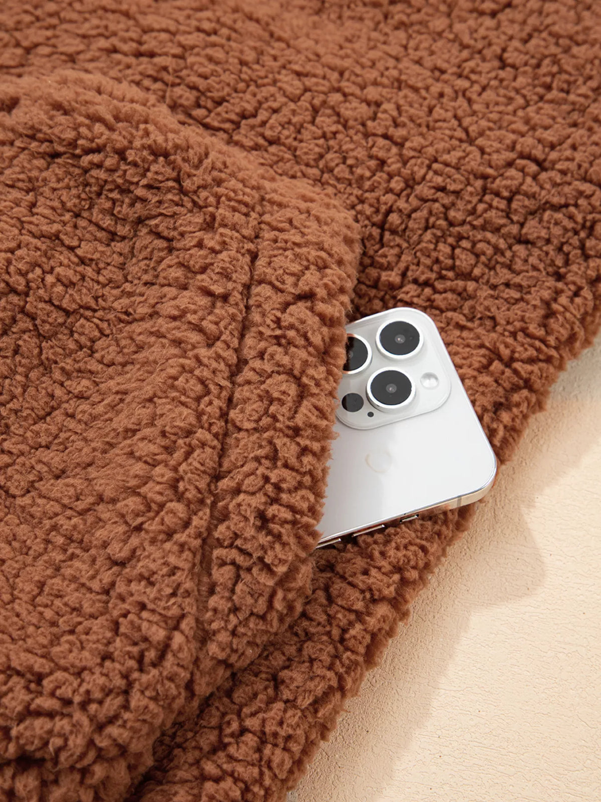Zip Up Hooded Sherpa Jacket in Caramel, view 15