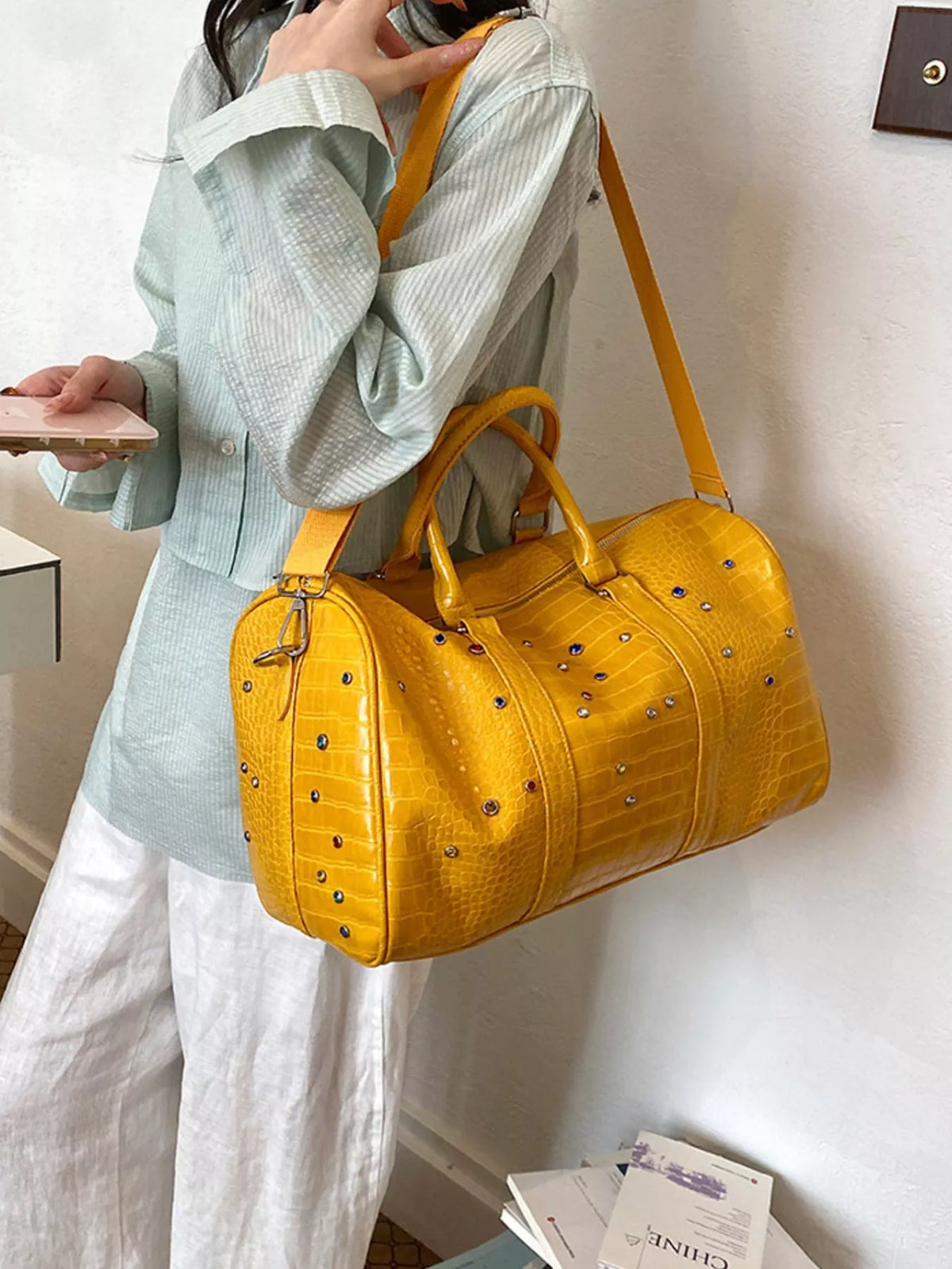 Crocodile Embossed Studded Travel Bag in Yellow