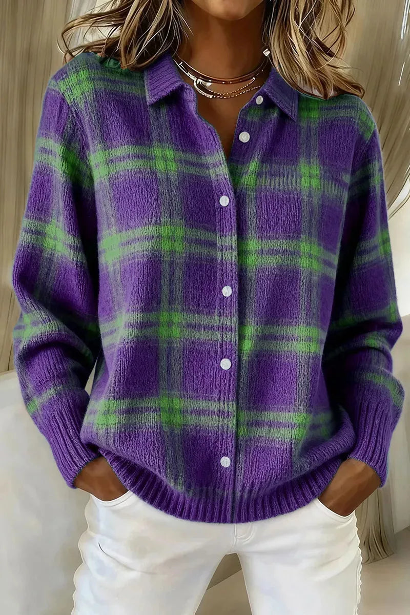 Full Size Plaid Button-Down Knit Cardigan Plus Size - Lilixa.store