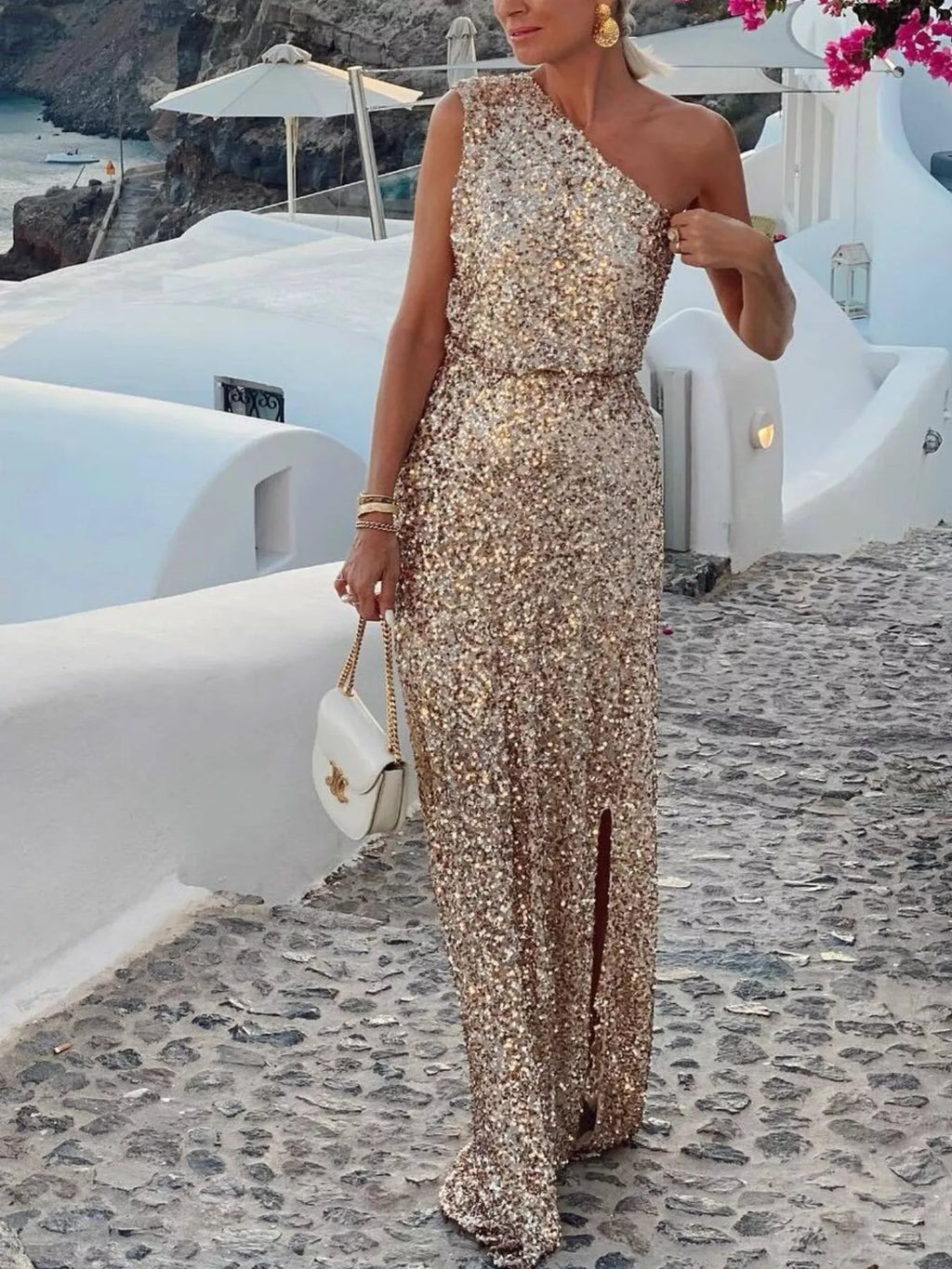 Sequin One-Shoulder Slit Maxi Dress - Lilixa.store