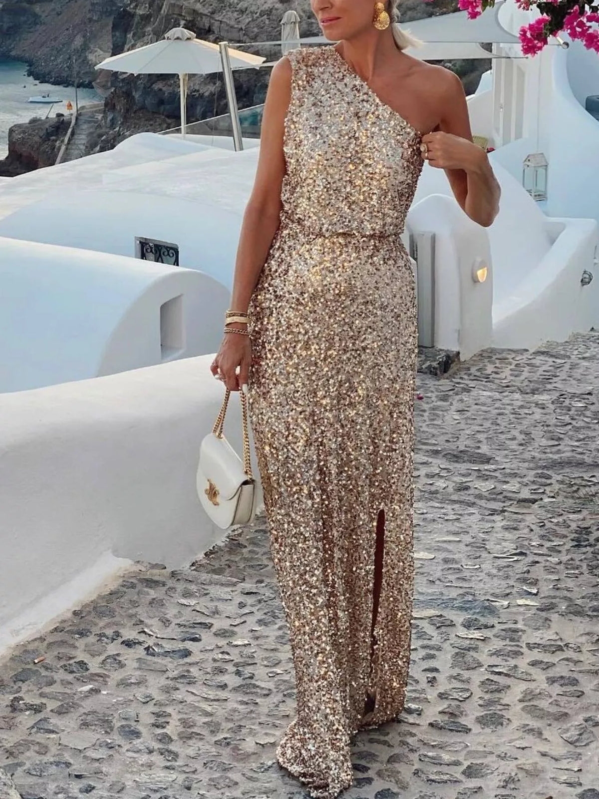 Sequin One-Shoulder Slit Maxi Dress - Lilixa.store