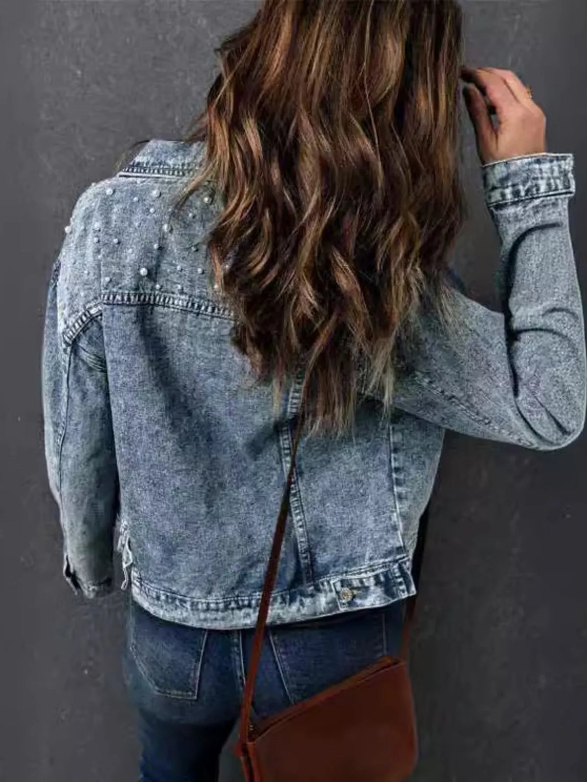 Full Size Pearl Detail Button Up Long Sleeve Denim Jacket Plus Size in Denim Blue, view 2