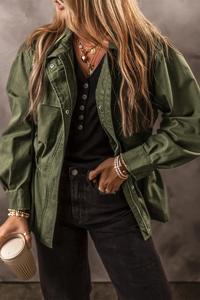 Zip Up Long Sleeve Jacket in Army Green