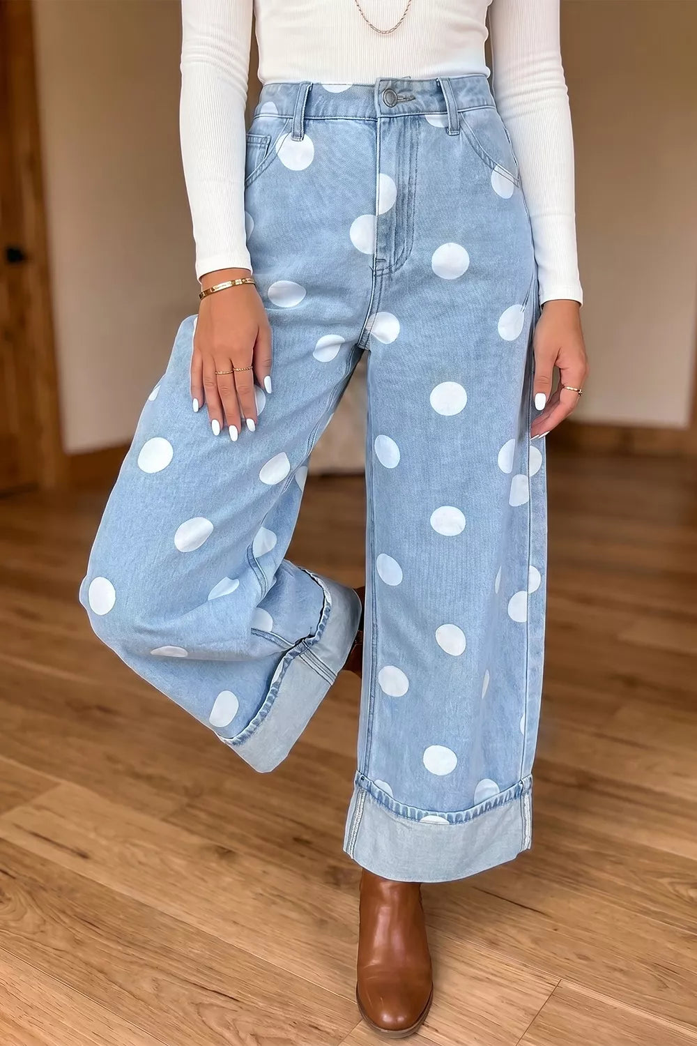 Polka Dot Ankle-Length Metal Button Casual Jeans - Lilixa.store