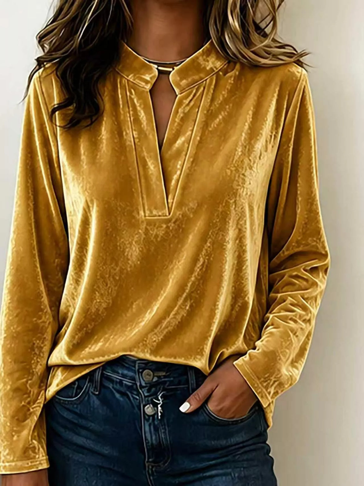 Full Size Velvet Notched Long Sleeve Blouse Plus Size in Gold
