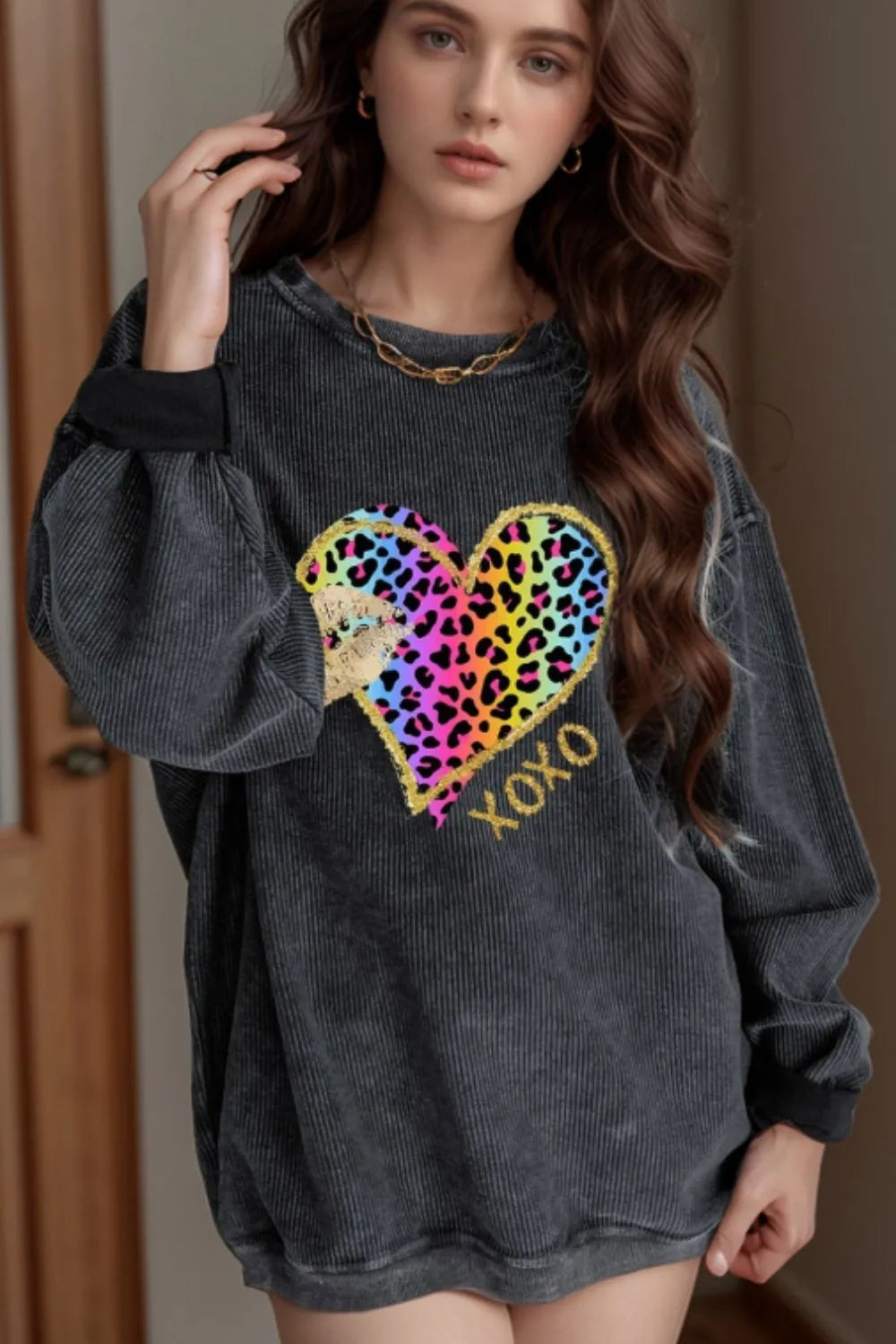 Leopard Heart Drop Shoulder Long Sleeve Sweatshirt - Lilixa.store