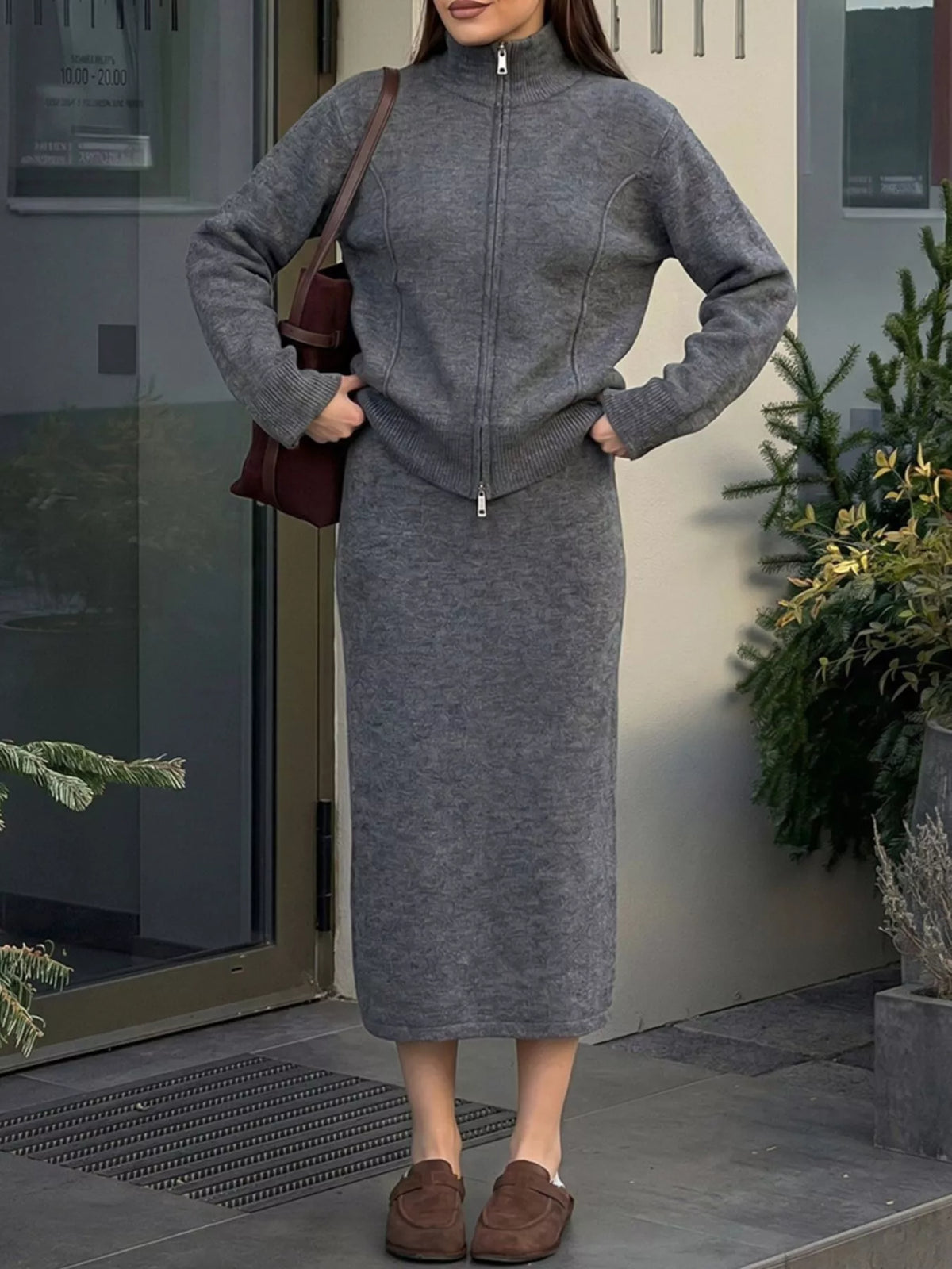 Zip-Up Mock Neck Cardigan and Matching Midi Skirt Sweater Set, view 3