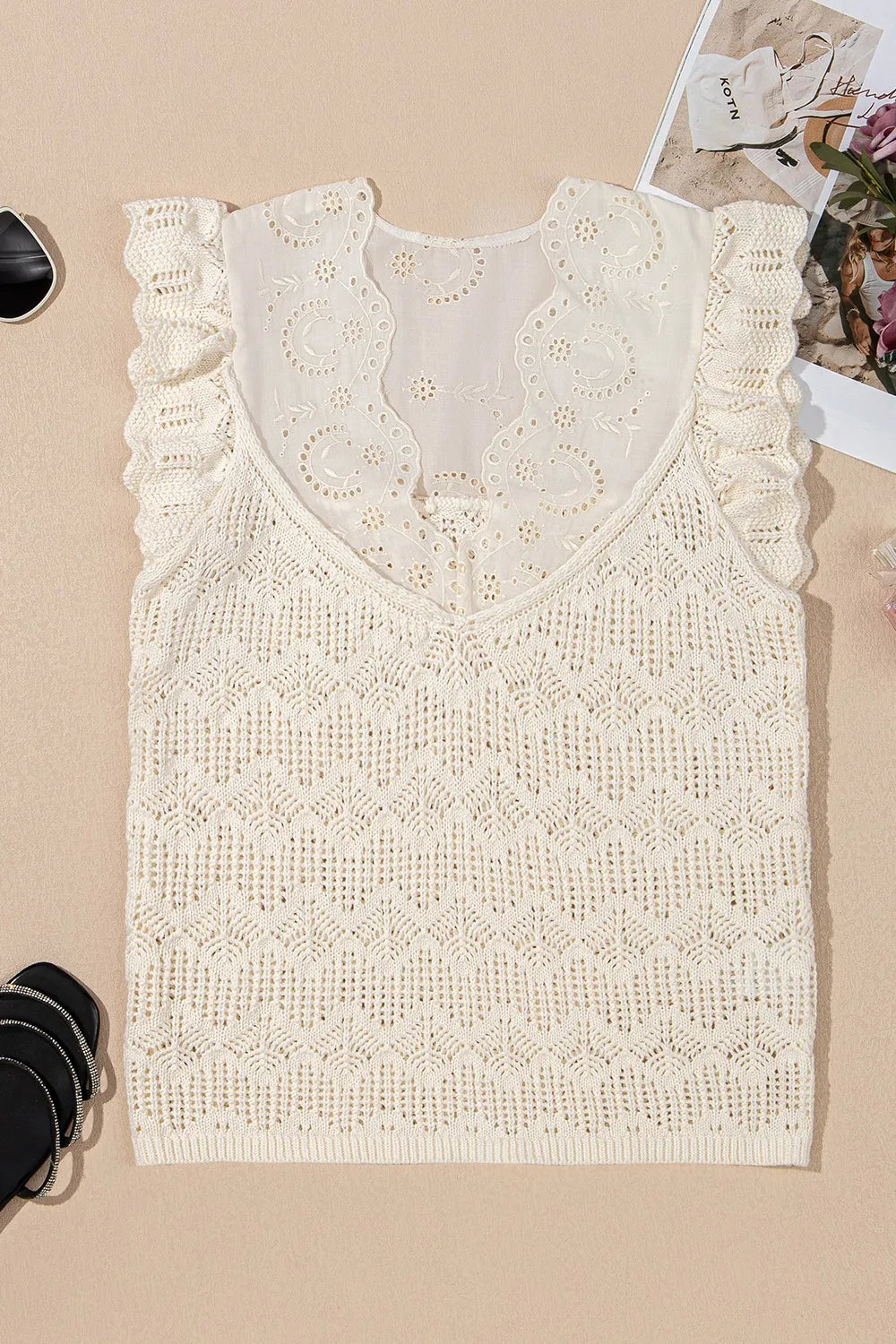 Embroidered Patchwork Hollow Out Knitted Ruffle Sweater Vest in Beige, view 5