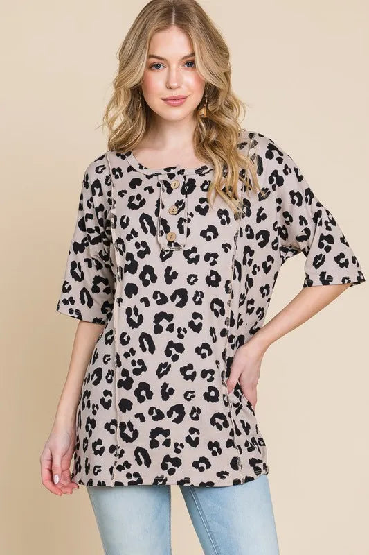 BOMBOM Button Detail Exposed Seam Leopard Half Sleeve Top - Lilixa.store