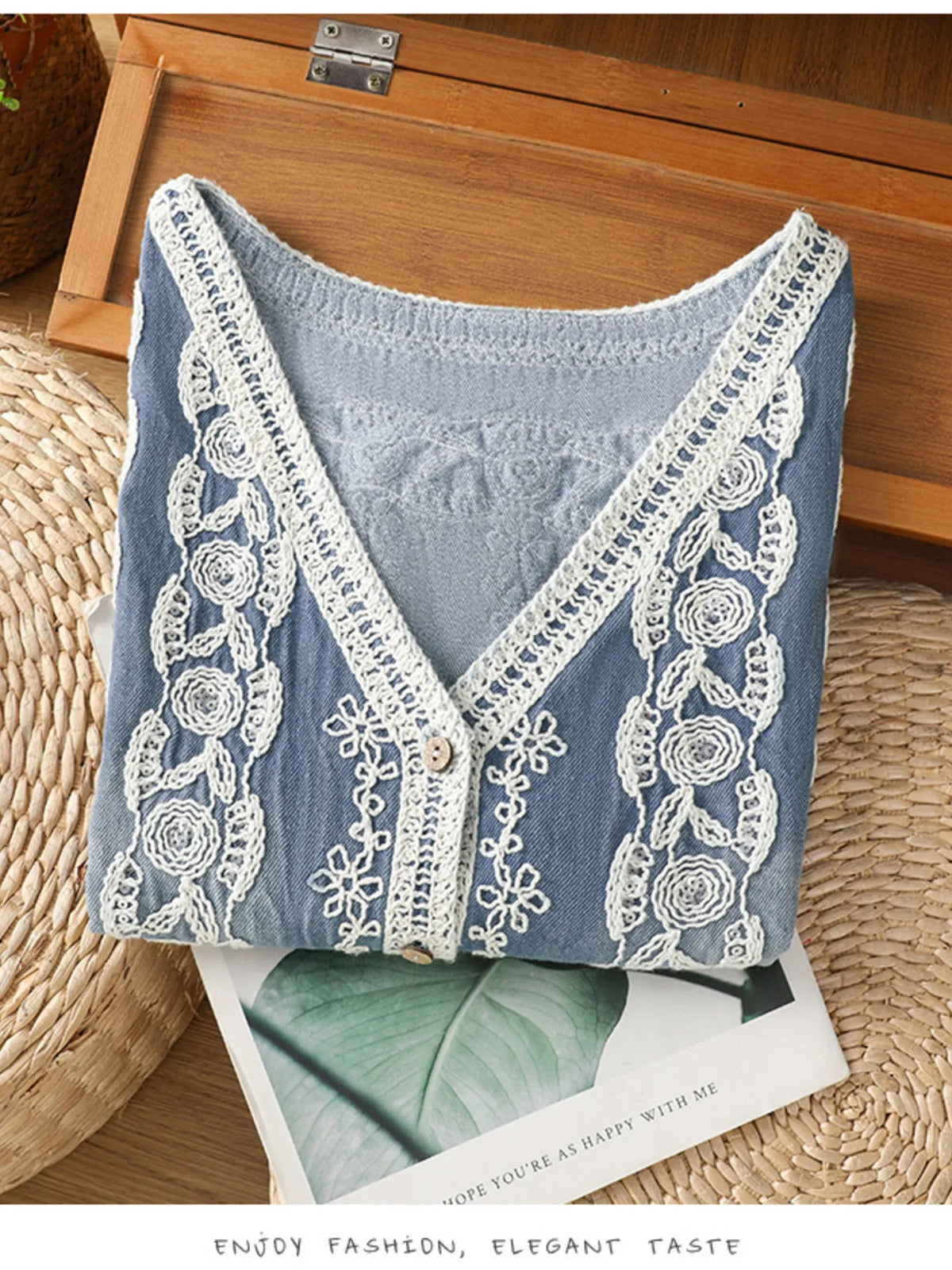 Embroidered Button Up V-Neck Vest Coat in Blue, view 3