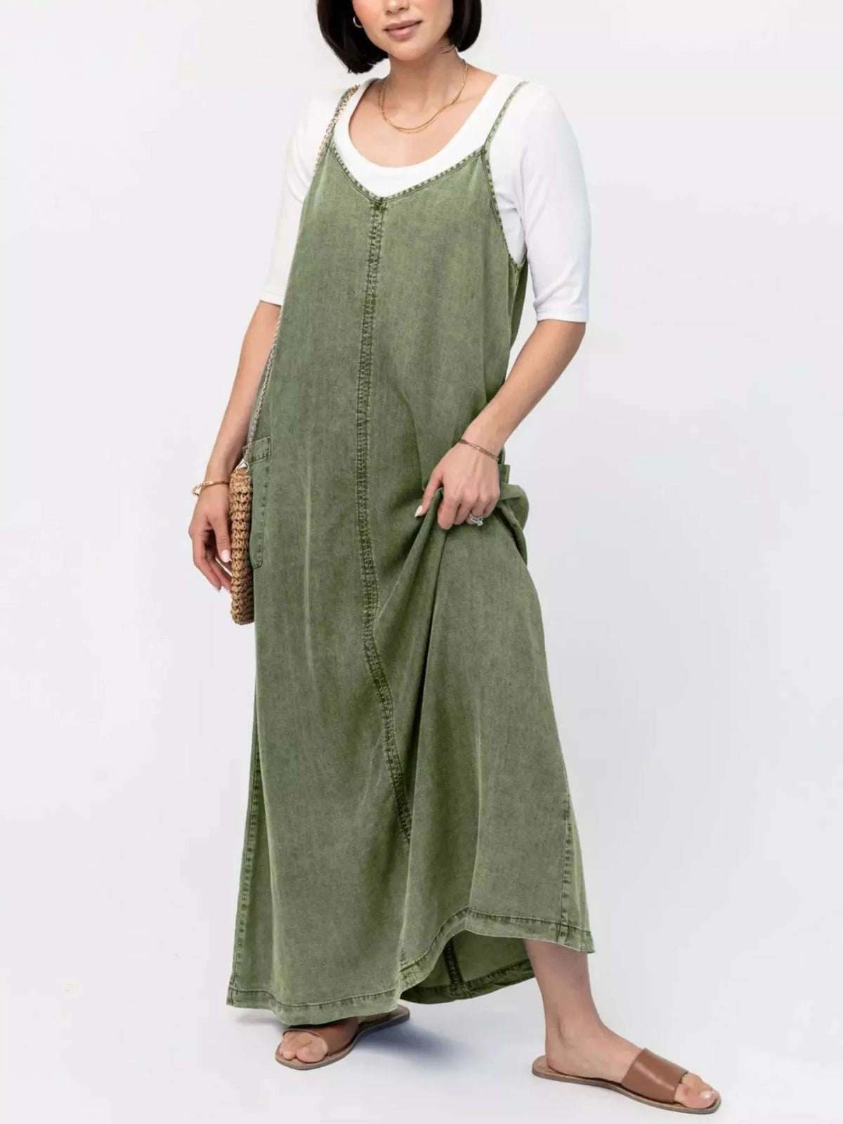 Casual Washed Denim Cami Maxi Dress in Moss