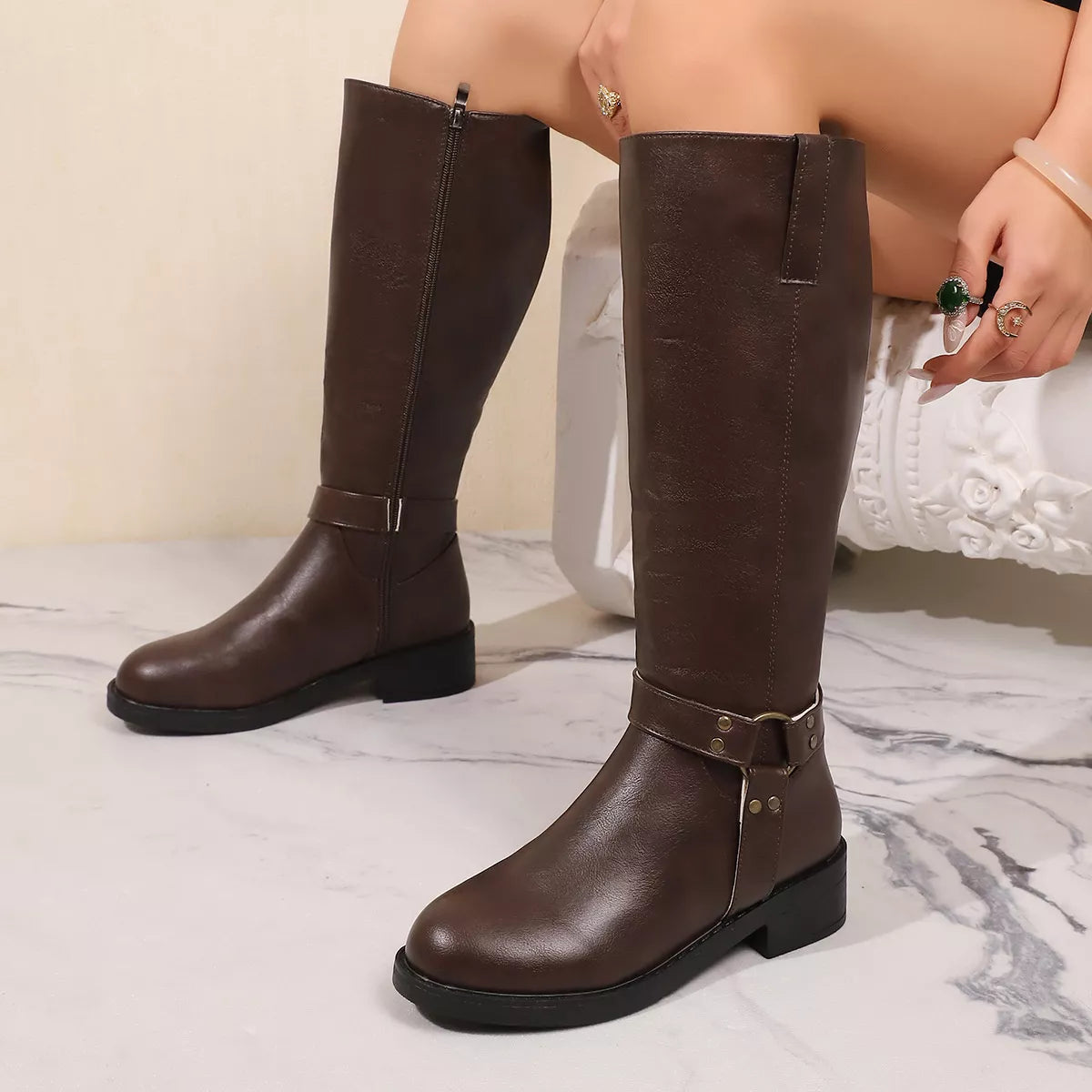 Knee-High Buckle Strap Riding Boots in Brown
