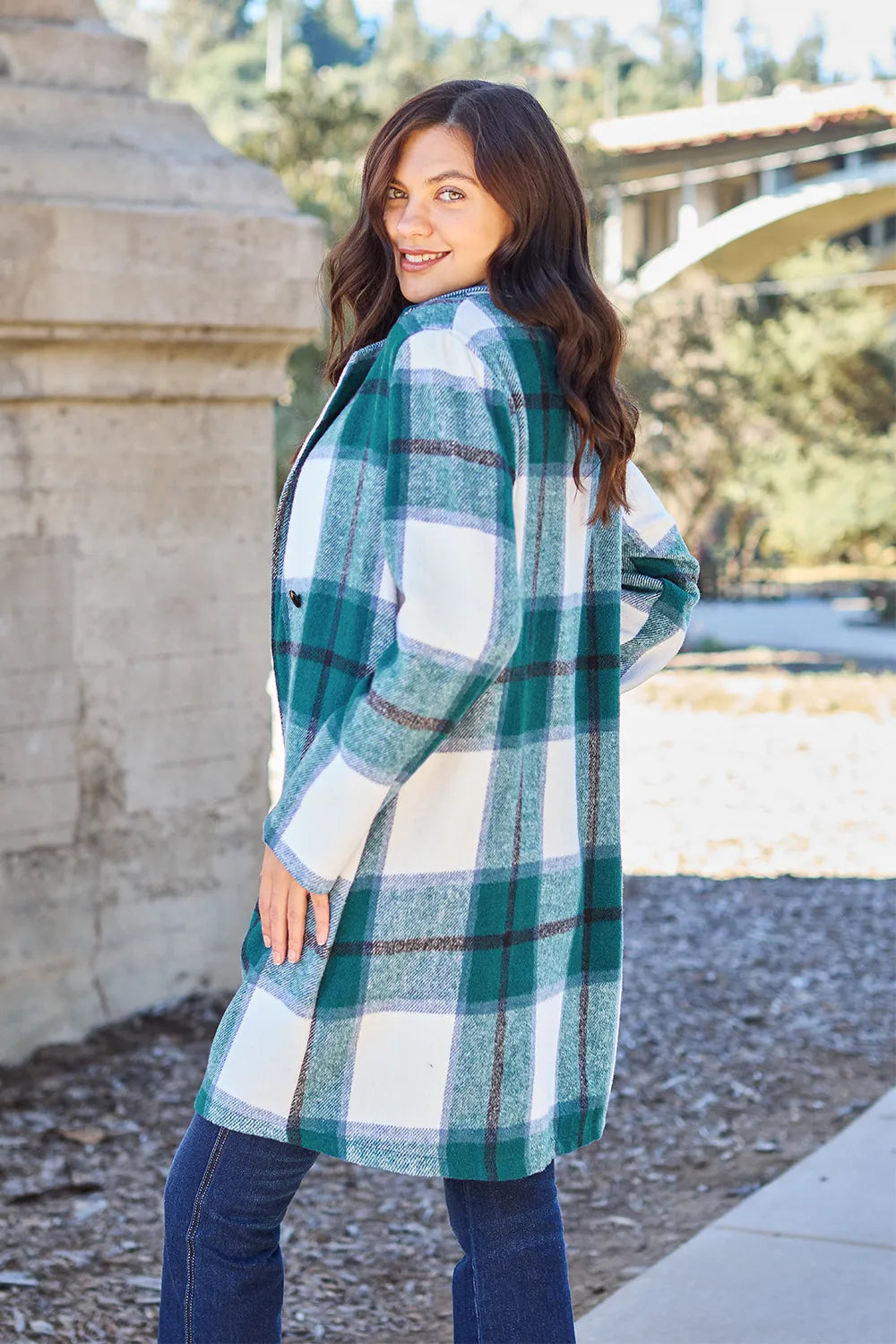 Double Take Full Size Plaid Button Up Lapel Collar Coat - Lilixa.store