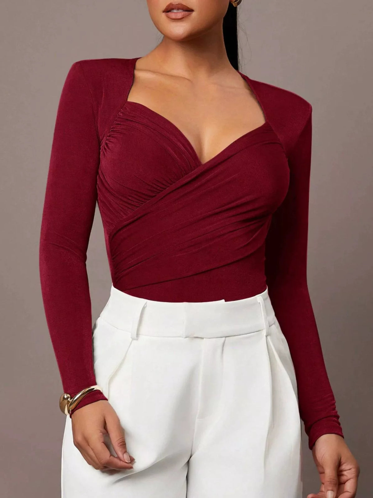 Ruched Surplice Long Sleeve Bodysuit - Lilixa.store