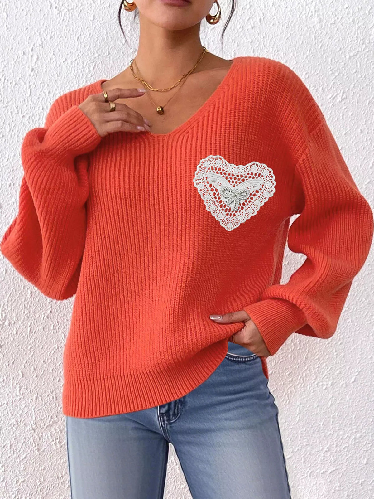Lace Heart Dropped Shoulder Sweater