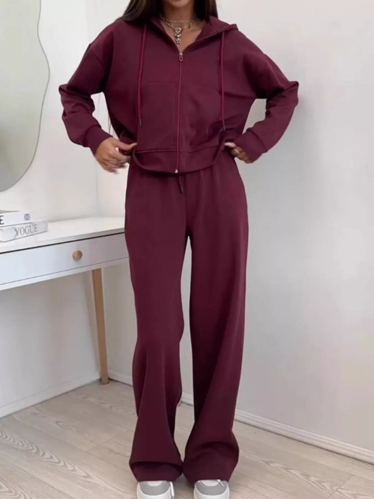 Zip-Up Hoodie and Wide-Leg Pants Set - Lilixa.store