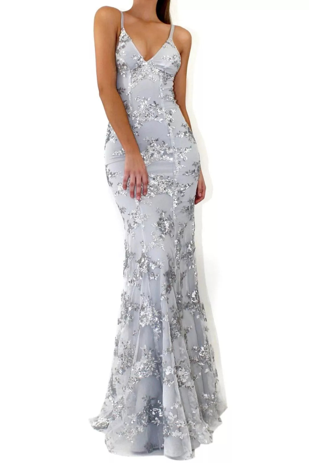 Full Size Sequin Tie Back V-Neck Maxi Dress Plus Size - Lilixa.store