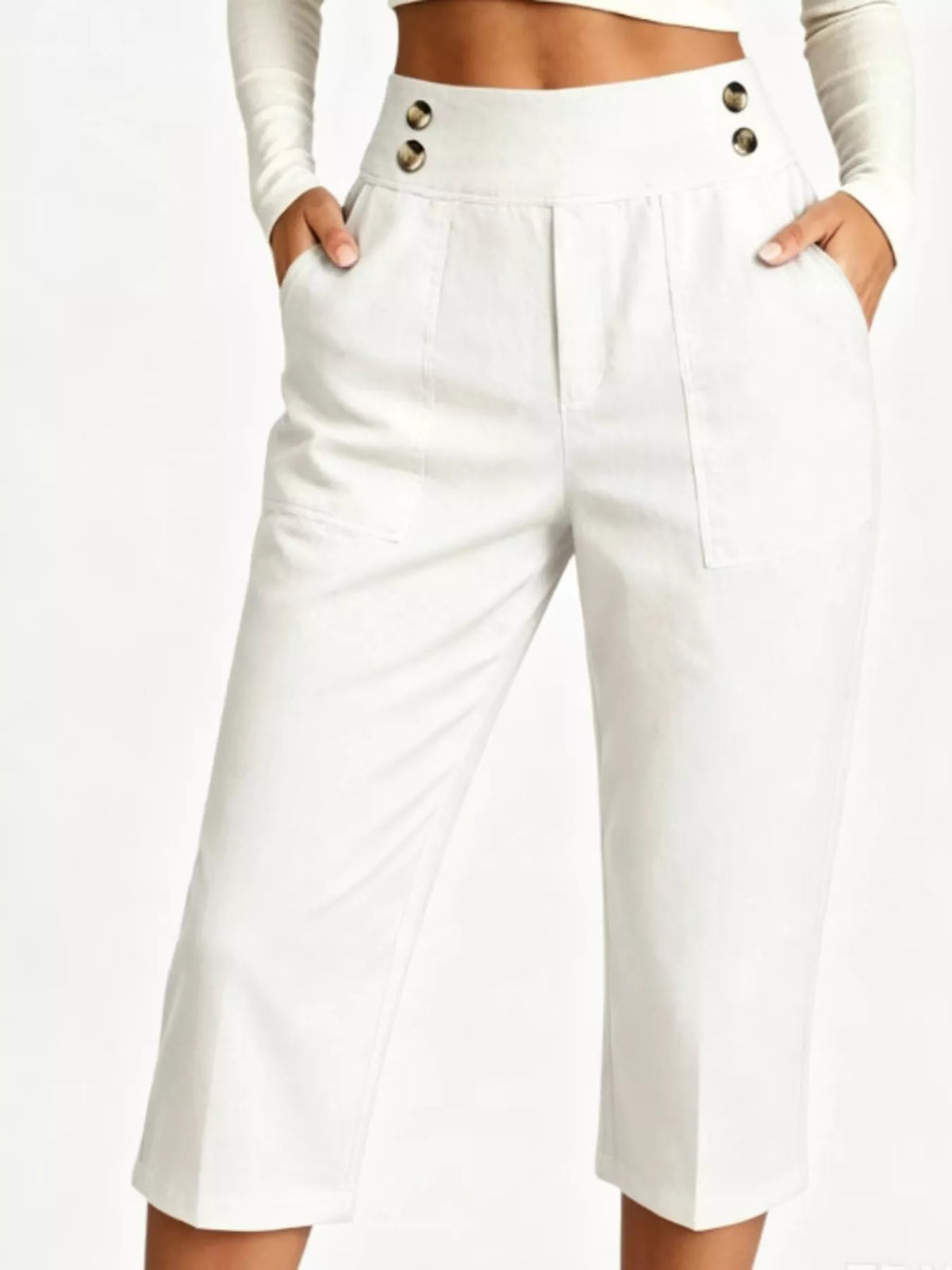 Full Size High-Waisted Button-Detail Cropped Pants Plus Size in White