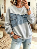 Full Size Denim Patchwork Dropped Shoulder Sweatshirt Plus Size - Lilixa.store