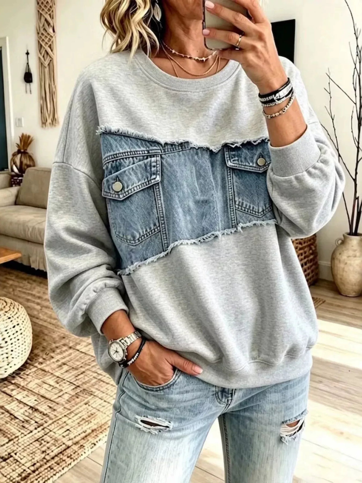 Full Size Denim Patchwork Dropped Shoulder Sweatshirt Plus Size - Lilixa.store
