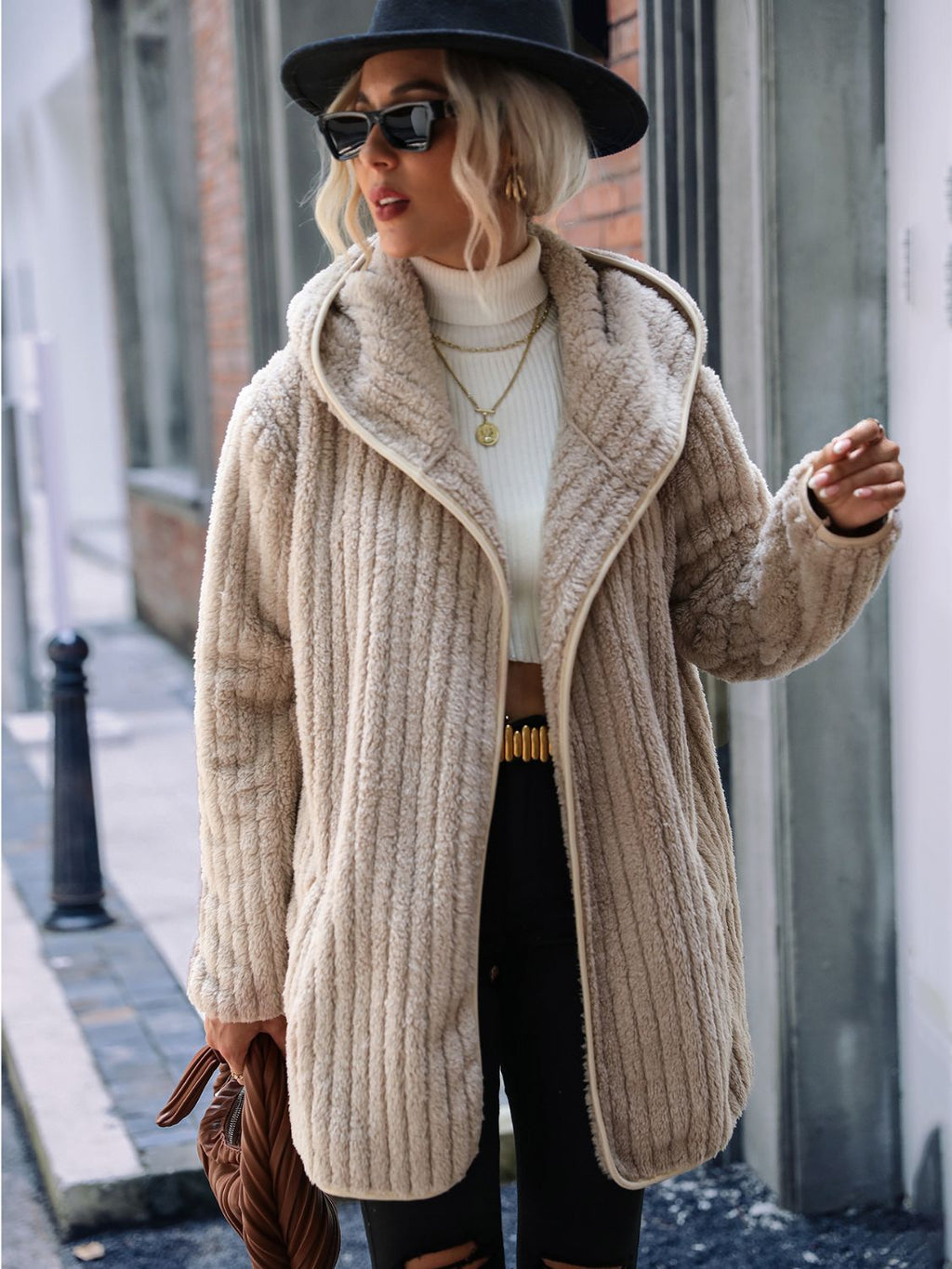 Open Front Ribbed Hooded Coat - Lilixa.store