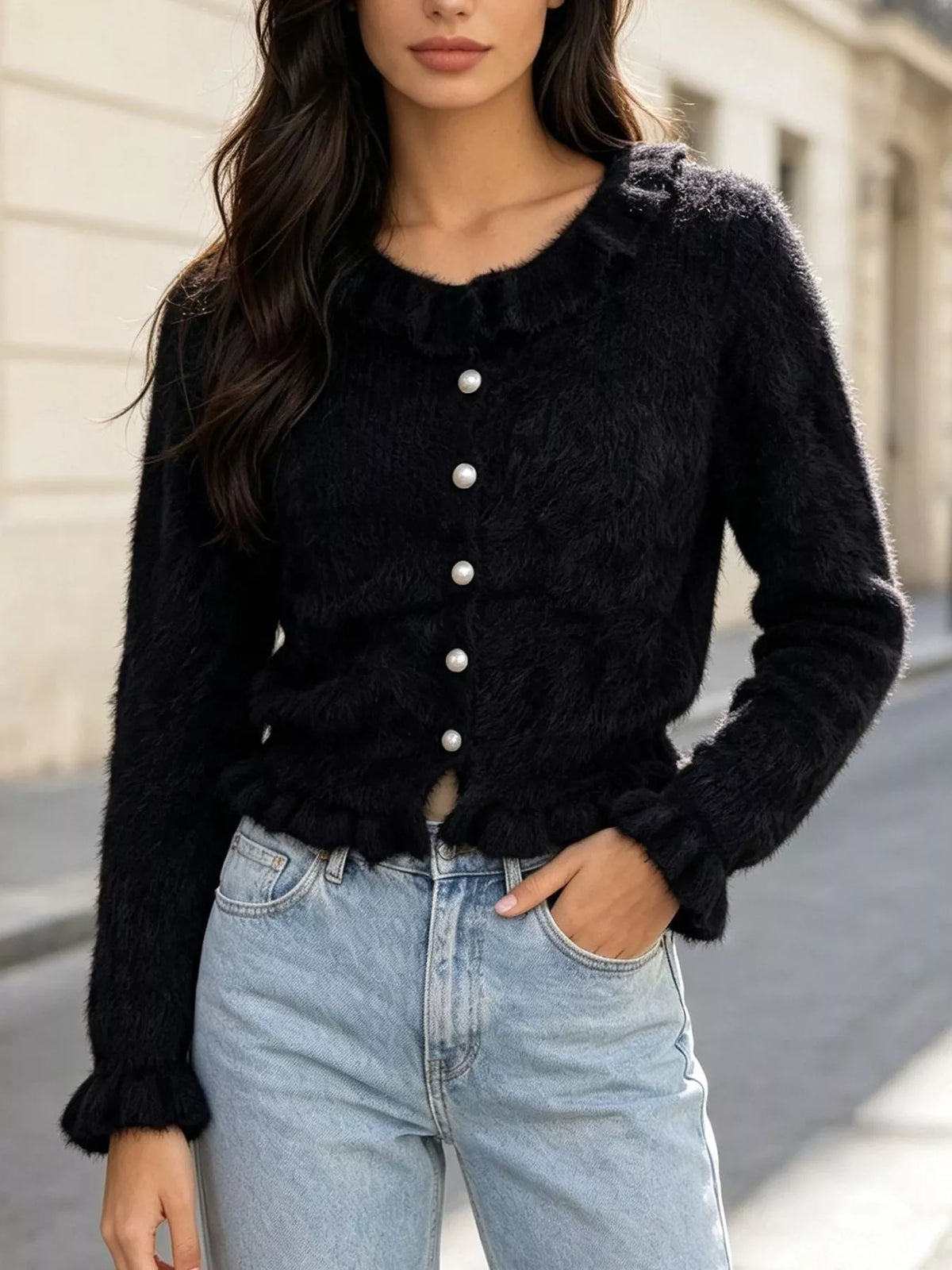 Soft Fuzzy Cardigan with Ruffled Collar and Pearl Buttons, view 22