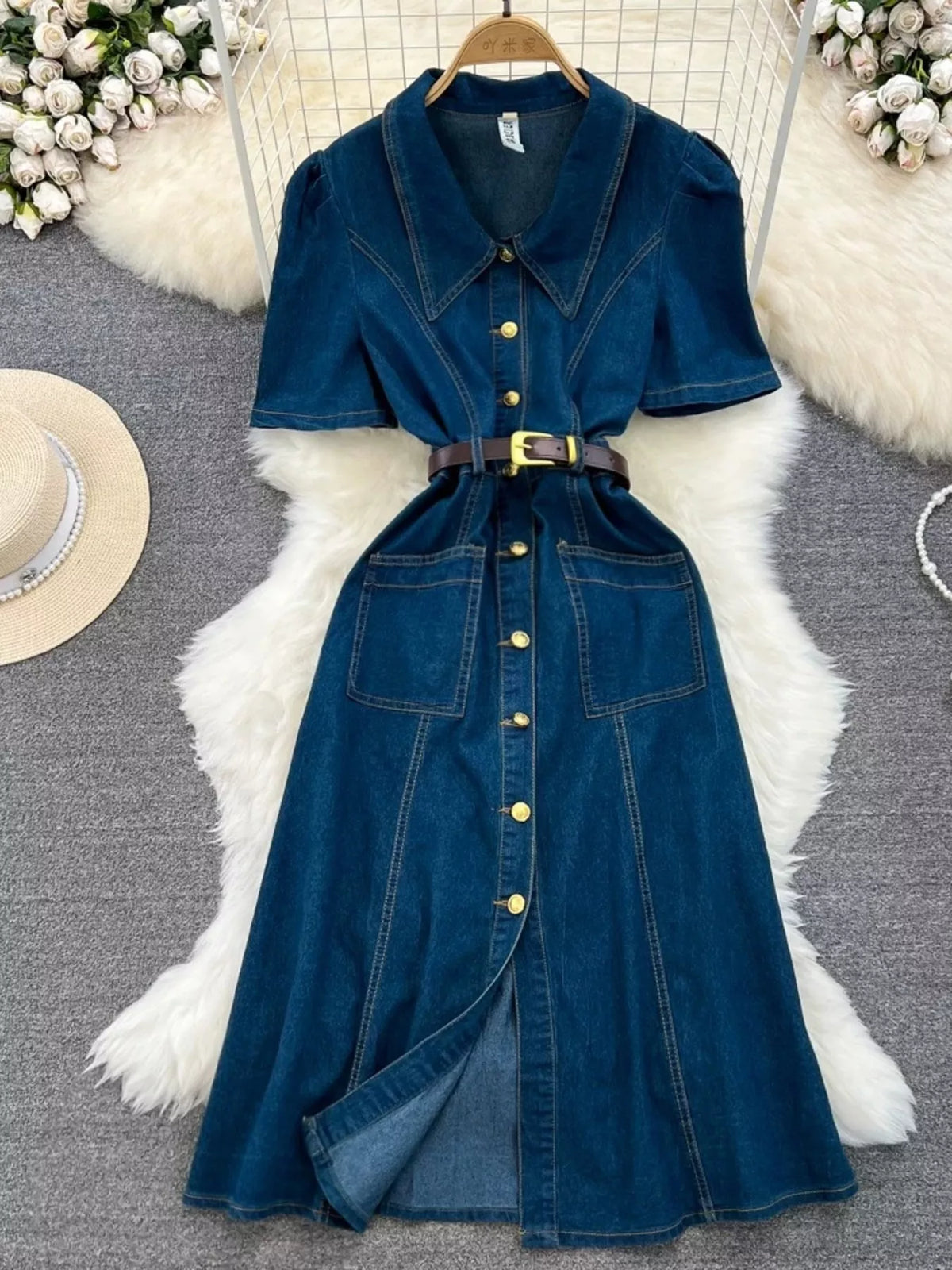 Button Front Short Sleeve Denim Dress - Lilixa.store