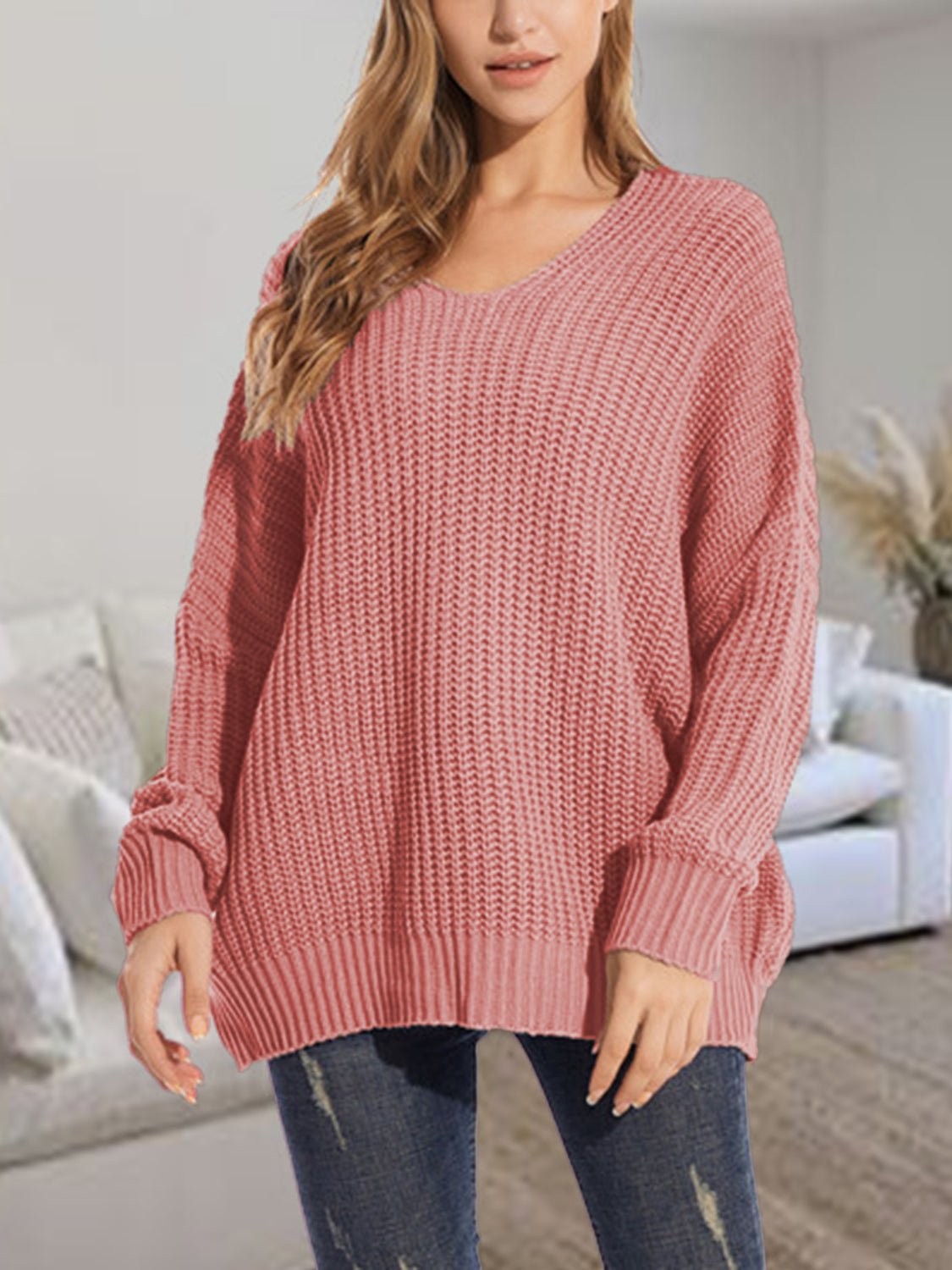 V-Neck Batwing Dropped Shoulder Sweater in Dusty Pink