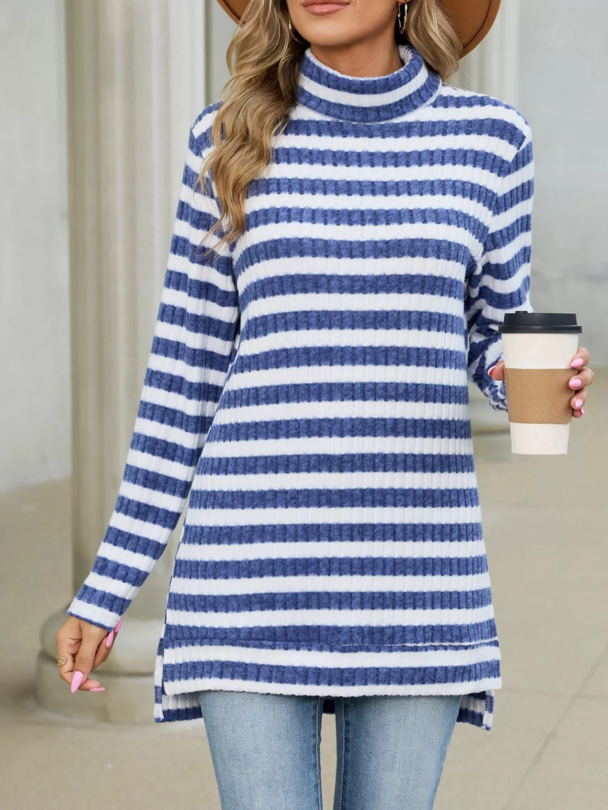 Striped Ribbed Knit Turtleneck Long Sleeve T-Shirt - Lilixa.store