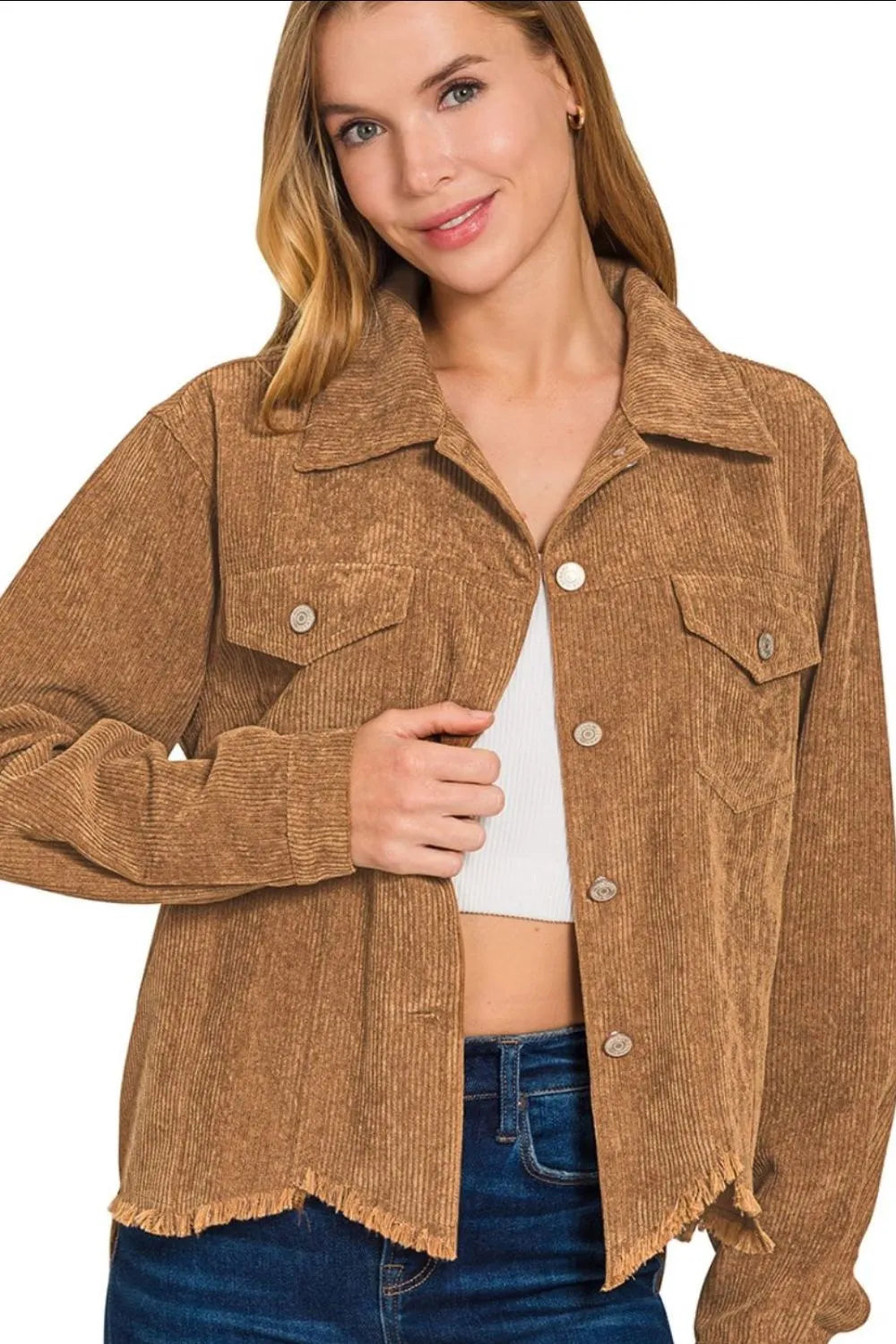 Zenana Distressed Corduroy Frayed Hem Cropped Jacket in Deep Camel, view 2