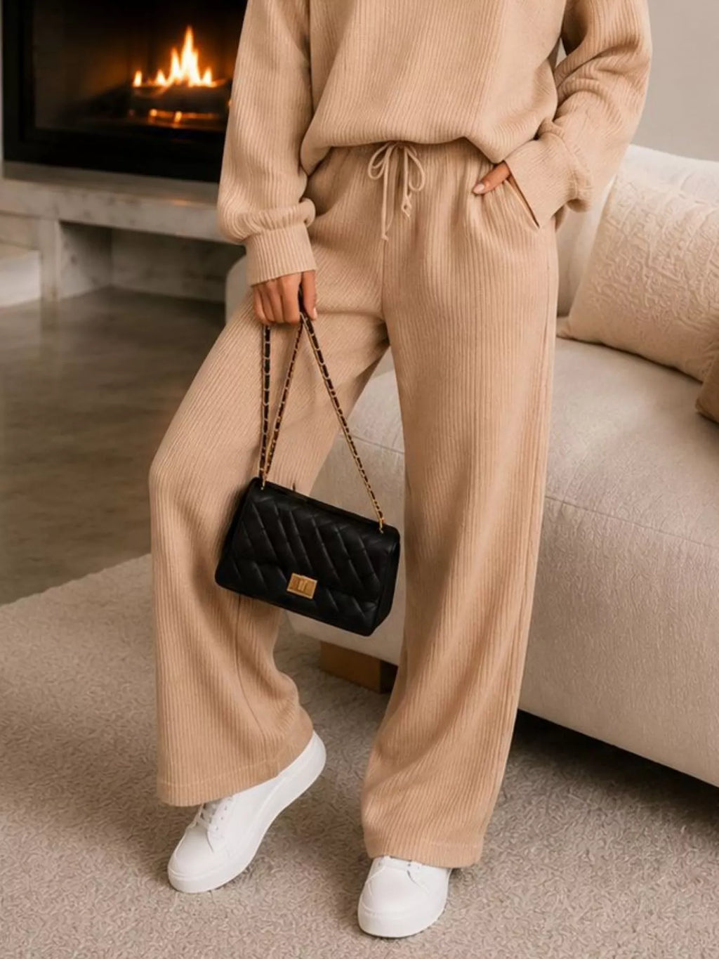 Ribbed Knit Quarter-Zip Top and Wide-Leg Pants Set - Lilixa.store