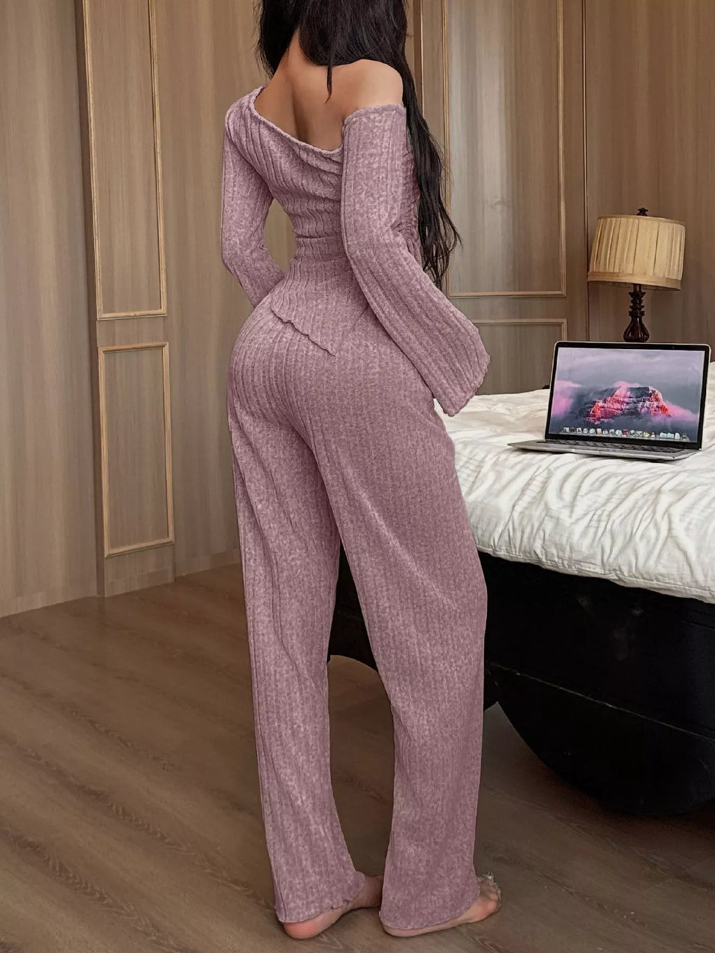One-Shoulder Ribbed Knit Top and Pants Set - Lilixa.store
