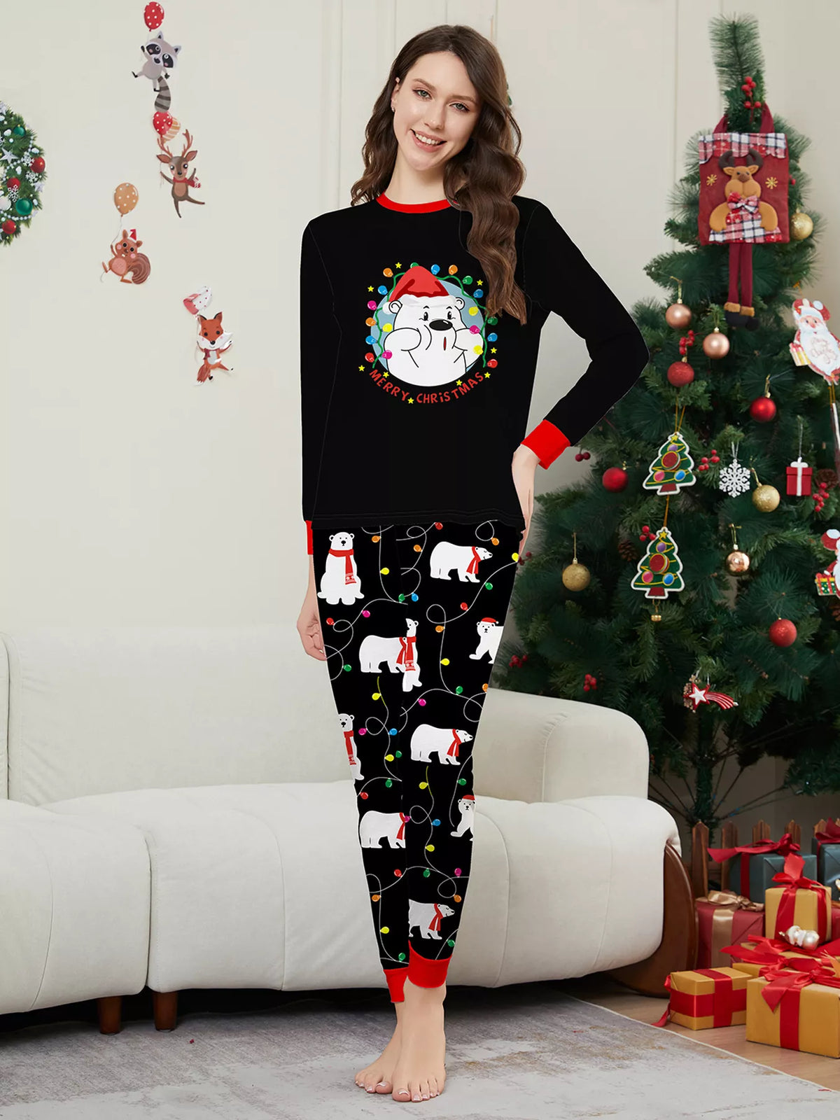 Full Size Family Matching Christmas Pajamas Set with Polar Bear Print Plus Size