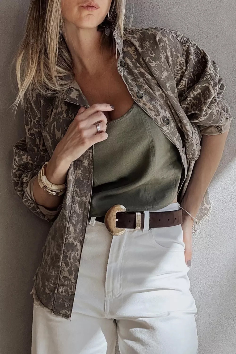 Abstract Print Long Sleeve Collar Raw Hem Denim Jacket in Mocha, view 3