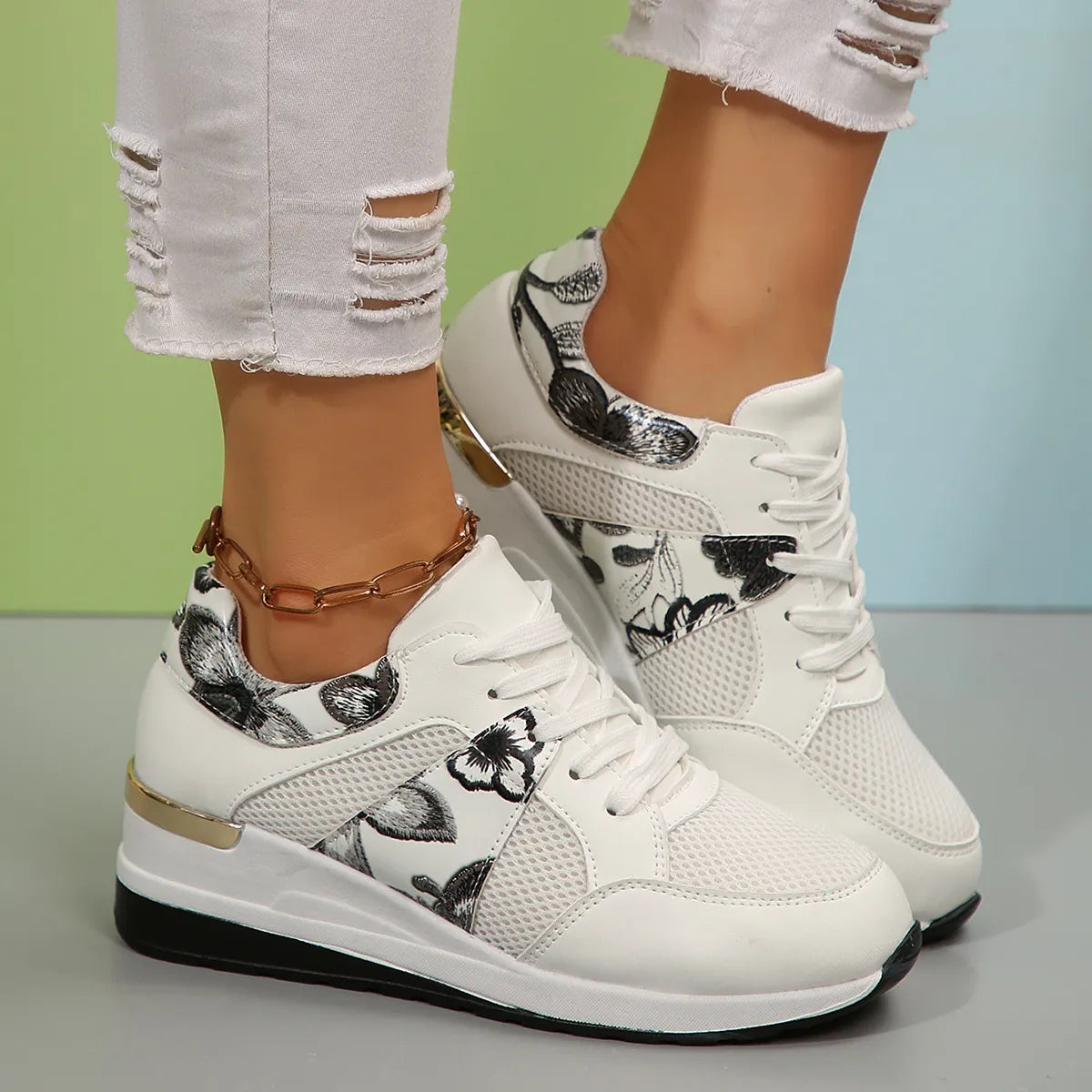 Floral Mesh Wedge Athletic - Lilixa.store