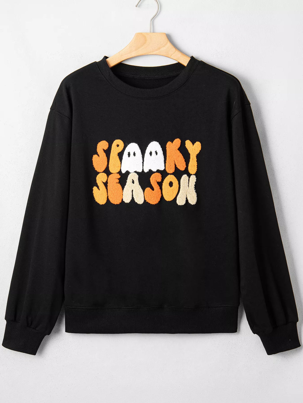 Embroidered Spooky Season Long Sleeve Round Neck Sweatshirt - Lilixa.store