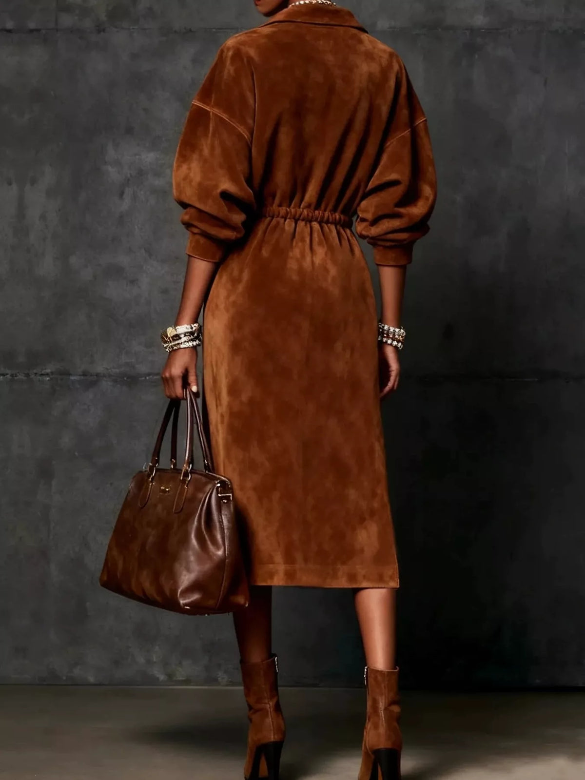 Drawstring Waist Zip-Front Midi Dress