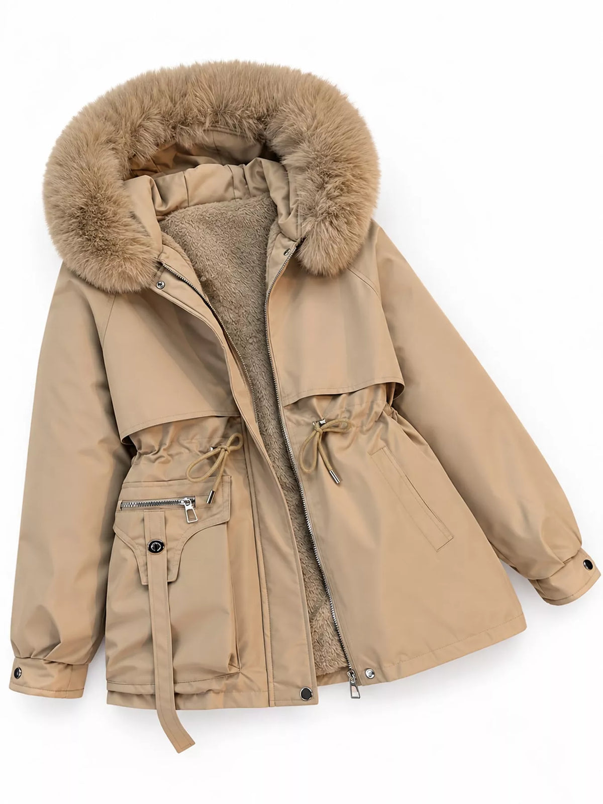Plus Size Faux Fur Hooded Drawstring Waist Winter Parka Outerwear, view 6