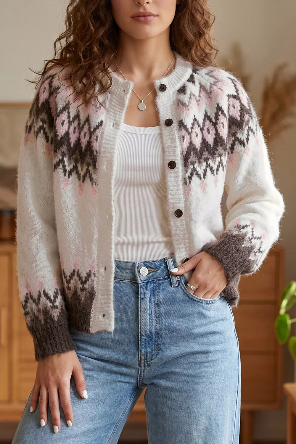 Geometric Pattern Brushed Knit Button Cardigan - Lilixa.store