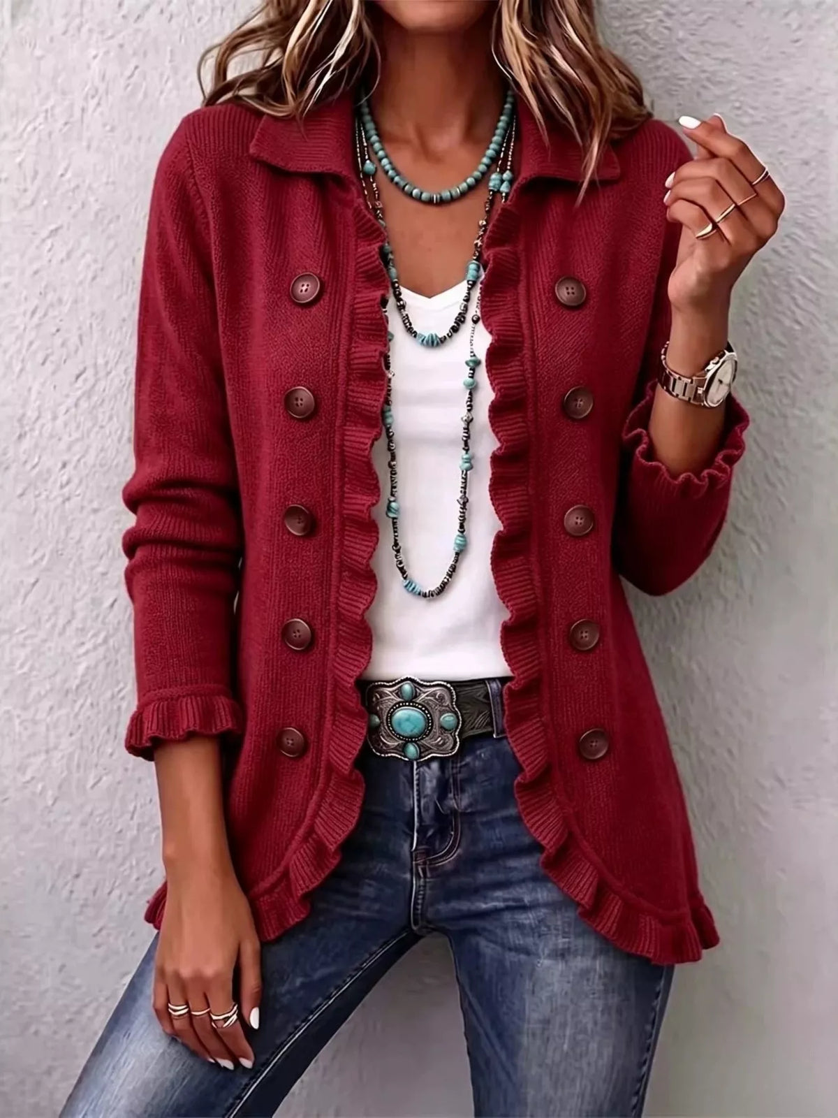 Full Size Ruffled Trim Decorative Button Cardigan Plus Size - Lilixa.store